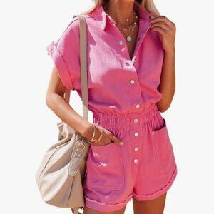 Hot Pink Snap Button Utility Romper Jumpsuit With Pockets